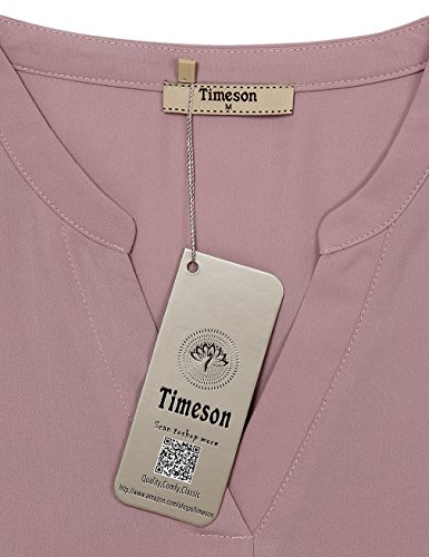 Timeson Tunic Blouses, Womens Chiffon Long Sleeve V Neck Solid Color Pleated Front Curved Hem Casual Shirt Tops Dark Pink L