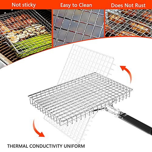 Newthinking BBQ Grill Basket for Vegetable and Fish Portable Stainless Steel Folding Barbecue Grill Basket Net with Removable Handle for Roast Fish Vegetables BBQ Party - Image 4