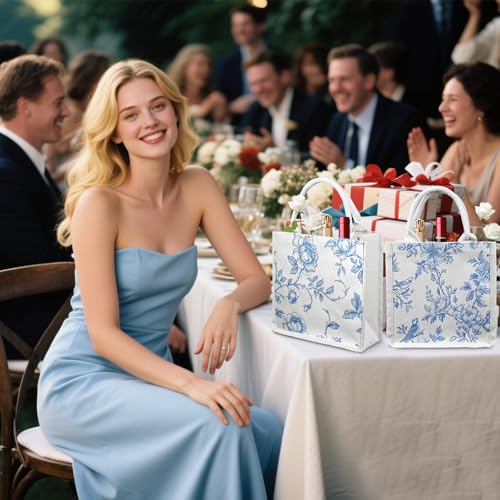 Bolsa tote de arpillera floral azul y blanca con asas miniatura 6