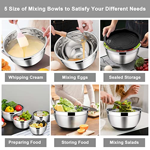 Homikit Mixing Bowls With Lids Set Of 5, Stainless Steel Black Nesting Bowl For Kitchen, Metal Large Serving Bowls With Grader Airtight Lid/Silicone Bottom, Size 7, 3.5, 2, 1.5, 1Qt, Measuring Mark #TOP5