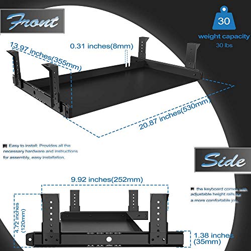 FRMSAET Under Desk Keyboard Tray Heavy-Duty All-Metal Material 20/24/30 inches Platform Computer Drawer Organizer Home Office Kitchen Bedroom Garage Storage Tool - Easy to Install.(20 inches, Black) - Thumbnail 4