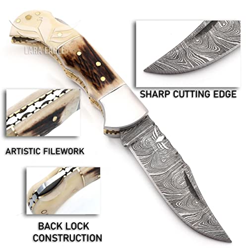Lara Eagle Damascus Pocket Knife for Men - 133 Layer Solid Steel Handmade Folding Hunting Knives with Sharpner and Leather Pouch - Best Knife for Camping Hunting Hiking - Father’s Day Gifts for Men Husband Dad (Staghorn & Camel Bone) by Lara Eagle - Image 2