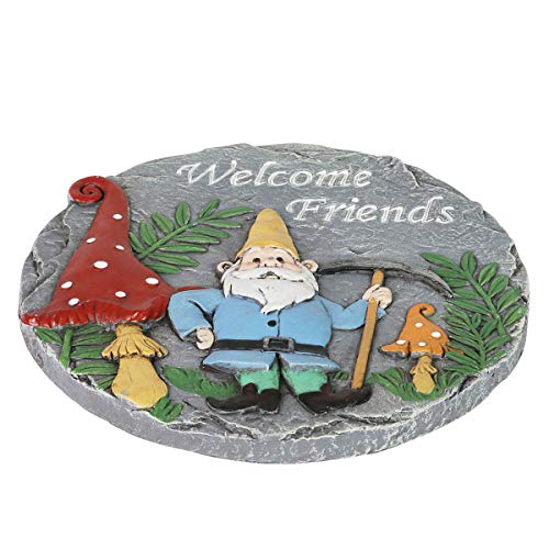 Exhart Stepping Stone, Welcome Friends Garden Stone Mining Gnome – Colorful Garden Stepping Stones for Pathway – Durable & Hand Painted Resin Outdoor Stepping Stone for Home & Garden Décor, 10”x11”