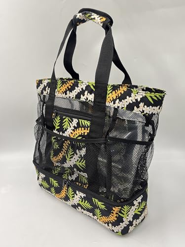 Mesh Beach Tote Bag with Tropical Floral Print, Black with Orange and White Flowers, Large Capacity3