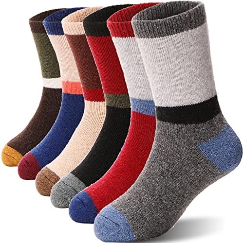 ANTSANG Kids Wool Hiking Socks Toddlers Boys Girls Warm Thick Thermal Crew Boot Heavy Cozy Snow Cabin Winter Gift Snowboarding Socks 6 Pairs(Color Striped D,4-7 Y)