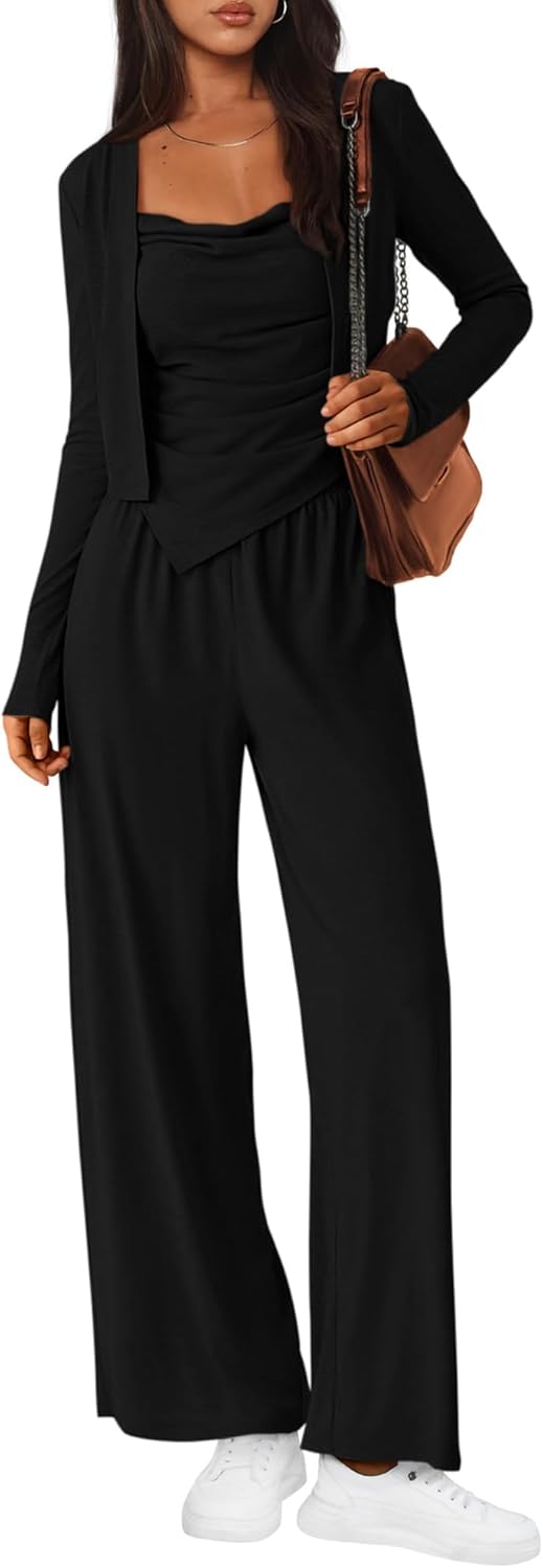 BTFBM Women’s Fall Lounge Sets 3 Piece Outfit Tracksuits Casual Long Sleeve Tops High Waisted Sweatpants Set