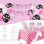 Pink Cartoon Mouse Birthday Decorations for Girls - 60Pcs Party Supplies Kit with 2 Foil Curtains, Large Bow Balloon, Tablecloth, 12 Plates and Cake Toppers for Polka Dot Theme Photo Prop - Image 3