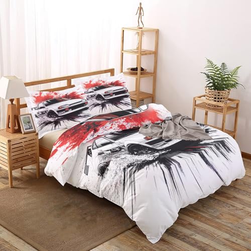 Double Bedding Set, Jdm Duvet Cover Sets & Bedroom Decor, Japanese Race Car Reversible Quilt Cover and Pillowcase, Soft Brushed Microfiber Easy Care Bed Set with Zipper Closure H#-147