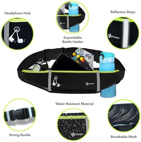 Zombaflo® Running Belt for Women & Men-Large Capacity | Water Proof Running Phone Holder with Adjustable Elastic Strap | Reflective Stripes Running Bag for Outdoor Activities