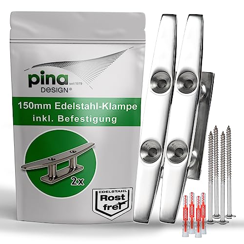 Pina DESIGN seit 1979 - Klampe 150mm aus Edelstahl rostfrei V4A inkl. Befestigung | Belegklampe für Sonnensegel und Boote Zubehör | salzwasserbeständig & hochglanzpoliert (2X)