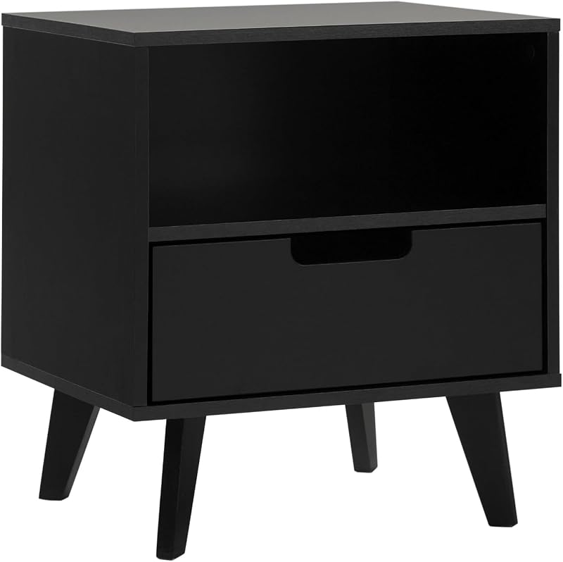 Walker Edison Raelyn Mid-Century Moderna mesita de noche con 1 cajón, 20 pulgadas, negro
