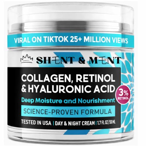 SHENT & MENT Crème Rétinol 3% Visage Cou Décolleté Anti-Âge Anti-Rides Anti-Taches Anti-Acné Hydratante Raffermissante Effet Lifting Collagène Acide Hyaluronique Niacinamide Peau Mature Sensible 50ml