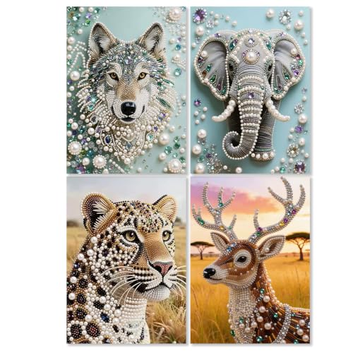 Image of Fokenzary Pearl Painting Kits for Adults 5D Tiger Leopard Elephant Deer Pearl Painting Art Kits for Beginners DIY Canvas Arts and Crafts for Living Room 4 PCS Wall Art(30 * 40cm*4pcs)