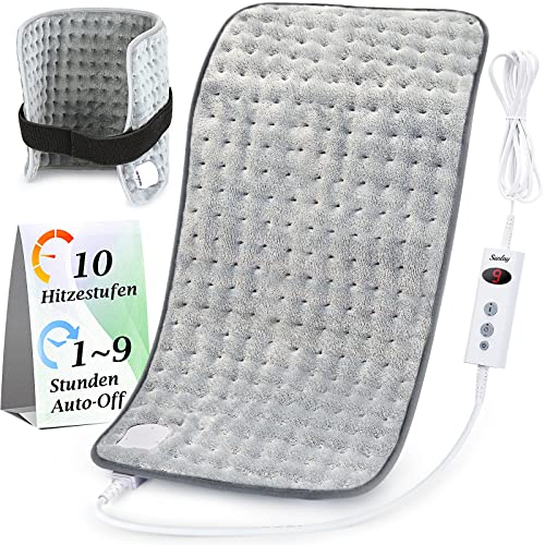Heizkissen mit Abschaltautomatik 90 Min für Rücken Nacken & Schultern 10 Temperaturstufen Schnellaufheiz-Technologie maschinenwaschbar Elektrisch Wärmekissen 30x60 cm Grau