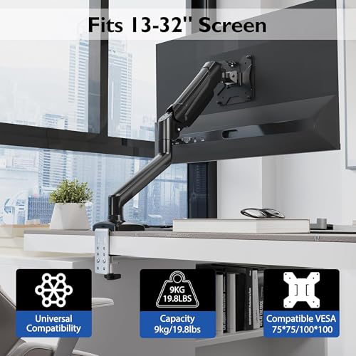 BONTEC Monitor Halterung für 13-32 Zoll Monitore 3-9 kg, VESA 75/100mm, Gasdruckfeder Arm, Ergonomischer Bildschirmhalterung, Schwenkbar, Neigbar, Dreht