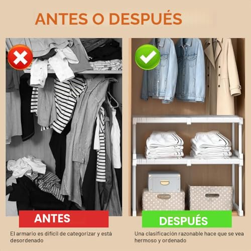 Miniatura 4 de Organizador De Armario Apilable, Estantes De Armario Expandibles, Estantes Telescópicos Sin Necesidad De Perforar, Para Armario, Gabinete, Cocina, Ancho 24 Cm, Altura 22 Cm, Longitud Ajustable 27-38