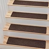 MBIGM 8 X 30inches, 15 in Pack, Non-Slip Carpet Stair Treads Non-Skid Safety Rug Slip Resistant Indoor Runner for Kids Elders and Pets with Reusable Adhesive, Brown Weave