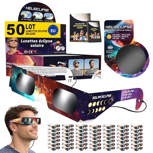 Helioclipse 50x Lunette Eclipse Solaire 2026 ISO 12312-2 - Lunettes Eclipse Solaire - Lunette pour Eclipse Solaire - Bonus 10x filtre pour téléphone