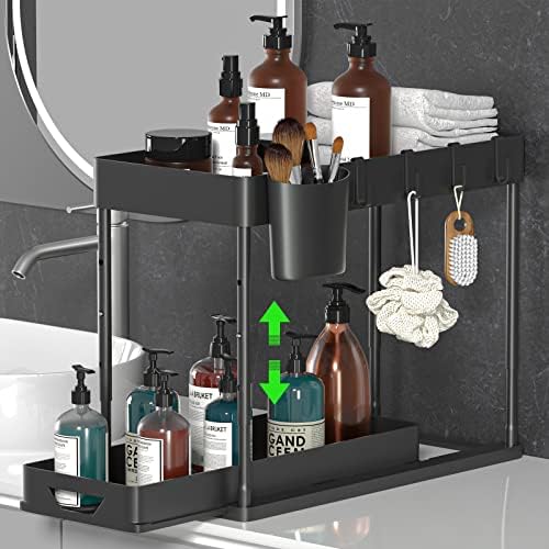Seasky Adjustable Height Under Sink Organizers and Storage, 2 Tier Sliding Bathroom Organizer, Kitchen Organizer Multipurpose Under Sink Cabinet Storage with 4 Hooks and 1 Hanging Cup