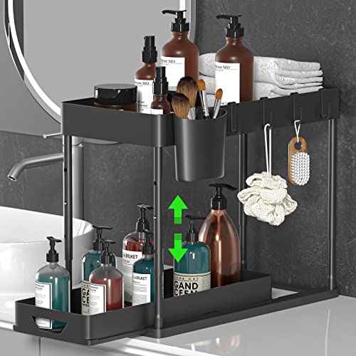 Seasky Adjustable Height Under Sink Organizers And Storage, 2 Tier Sliding Bathroom Organizer, Kitchen Organizer Multipurpose Under Sink Cabinet Storage With 4 Hooks And 1 Hanging Cup #TOP18