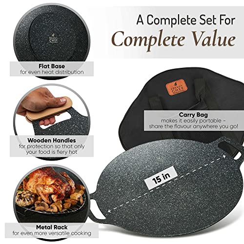 Freshy Chef Korean Grill Pan - 15 Inch Non-Stick Aluminum Korean Bbq Grill Pan With 2 Wooden Holders, Rack, And Storage Bag - Lightweight Aluminum Griddle Pan For Stove Top, Induction, Camp Fire #TOP2