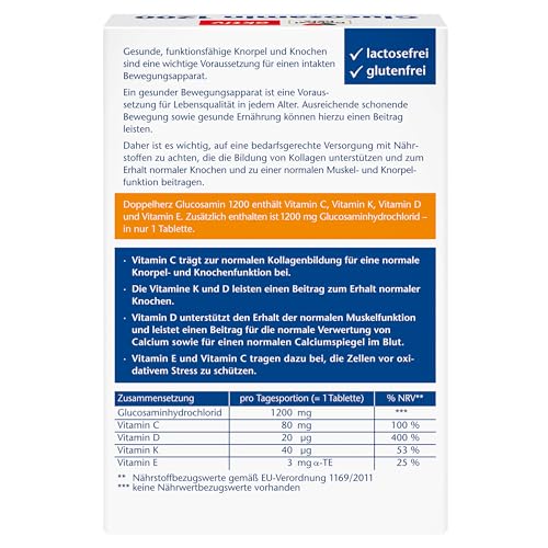 Doppelherz Glucosamin 1200 + D3 + K+ C – Mit Vitamin C als Beitrag zur normalen Kollagenbildung für eine normale Knorpelfunktion – 30 Tabletten