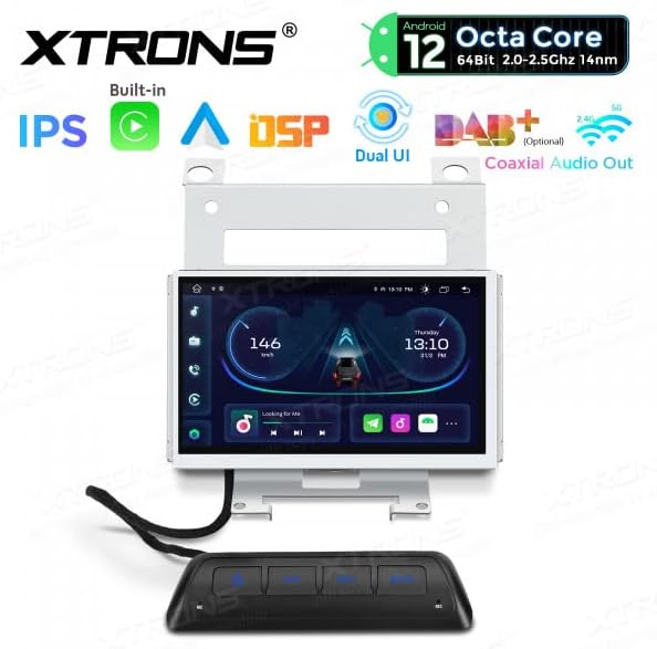 Davant view of the XTRONS PE72DLRL unit displaying a car dashboard-like user interface.