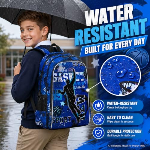 Image of AGSDON 3PCS Boys Backpack, 17 inch Basketball Kids Bookbag with Lunch Box, Backpacks with Water Resistant and Lightweight for Teenagers