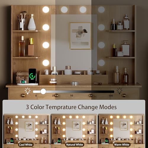 Image of HUANLEGO Vanity Desk with Mirror and Lights, Wood Makeup Vanity with Charging Station & Stool, 3 Drawers and Cabinets, Farmhouse Vanity Mirror with RGB LED Lights Makeup Desk and Chair for Women