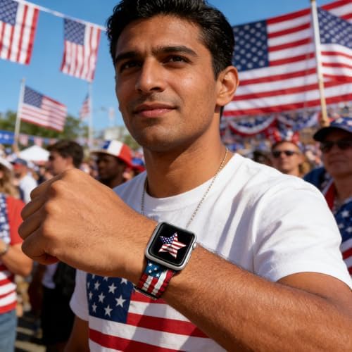 Compatible with American Flag Watch Bands for Women Men 38/40/41/42/44/45/46/49mm, Silicone Sport Replacement Wristband Strap for IWatch Series 11 10 9 Ultra 8 7 6 5 4 3 2 1 SE.38/40/41/42mm(Series 11 10).Vintage American Flag — view 3