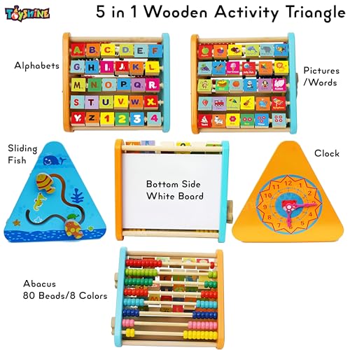 Toyshine 5 in 1 Wooden Activity Centre Triangle Toy | Alphabet, Blocks, Abacus, Clock, Writing | Toys for Babies Montessori Learning Toy for 1-5 Year Old - New - Image 2