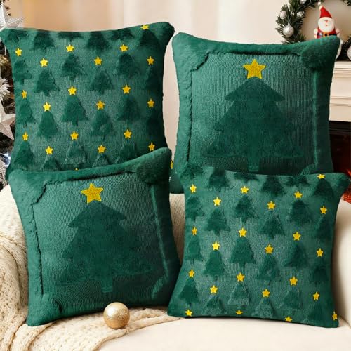 aolime Christmas Pillow Covers 18x18 inch Set of 2 Double-Sided Dark Gree Christmas Tree Throw Pillow Cases 3D Embroidered Soft Plush Faux Fur for Chair Sofa Bedroom Living Room Home Decor