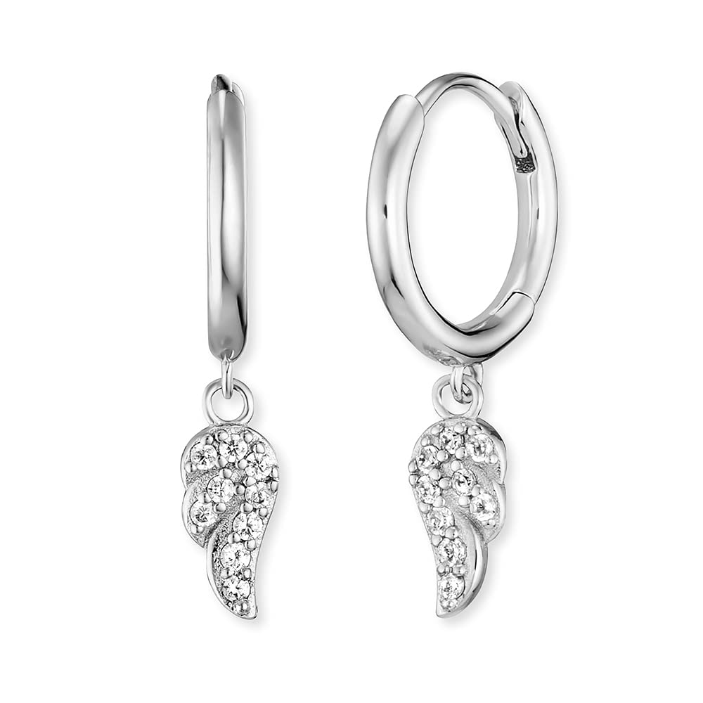 Engelsrufer Women's Creole Earrings Sterling Silver with Silver Moving Wing - Set with Zirconia Stones - Clip Closure - Nickel-Free - Size: 23 mm, 23mm, Sterling Silver, Cubic Zirconia