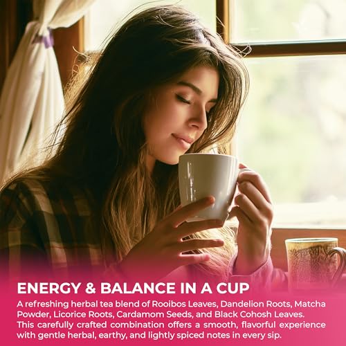 Image of FreshDrinkUS, MenopauseSlim 40 Tea Bags - Herbal Blend with Rooibos, Dandelion Root, Matcha, Licorice, Cardamom & Black Cohosh - Smooth, Earthy Flavor - Premium Quality, Naturally Caffeine-Free Tea