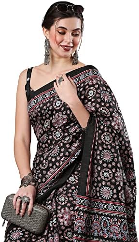 AKHILAM Women's Ajrak Block Print Soft Dola Silk Saree With Unstitched Blouse Piece