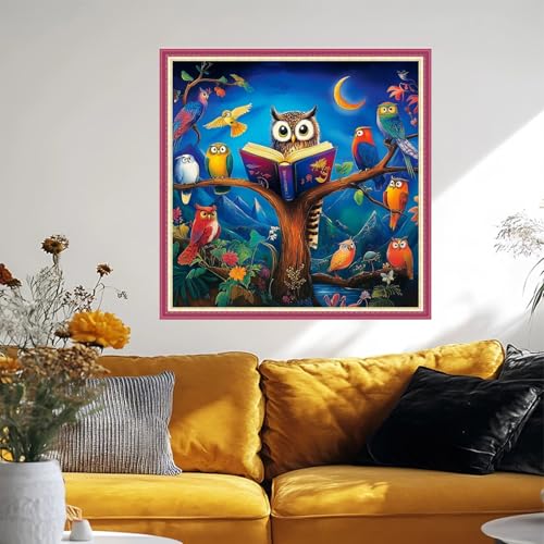 Image of Fanxvivy Stamped Cross Stitch Kits for Beginners Full Range of Cross Stitching Preprinted Embroidery Kits for Adults, 11CT Embroidery Pattern Needlepoint Kits-Moon Night Owl 18x18 inch