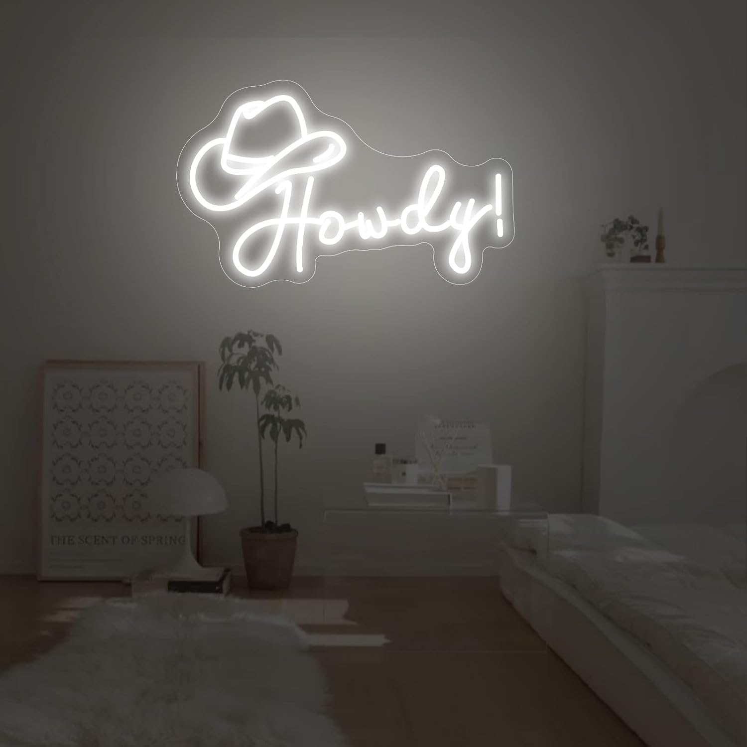Howdy Neon Sign LED Neon Lights for Wall Decor, 15'' White Cowboy Hat Signs Birthday Gifts for Women Girls, Aesthetic Howdy Signs Nigh Lamp Girls Dorm Bedroom Party Wedding Art Decoration