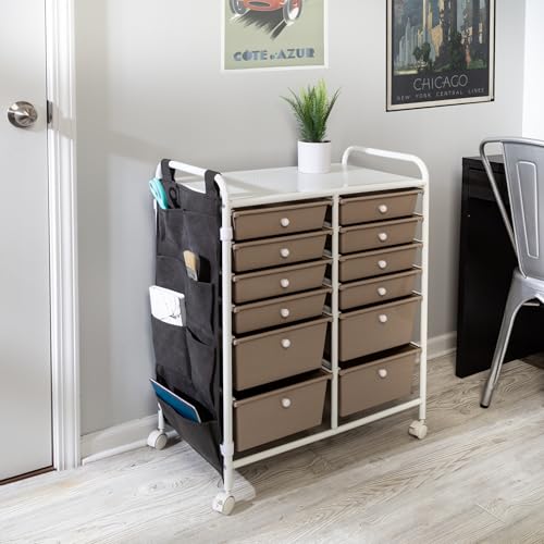 Honey-Can-Do Honey Can Do 12-Drawer Metal Rolling Storage Cart with Side Pockets CRT-09104 White - Image 3
