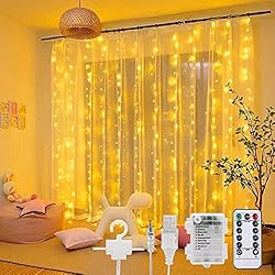 Cortina de Luces - 300 LED 3M*3M Luces Cortina Navidad UAB y Batería Cortina Luces 8 Modos Impermeable Control Remoto Luz de Cortina Cadena de Luces para Ventana Pared Boda Fiesta (Blanco Cálido)