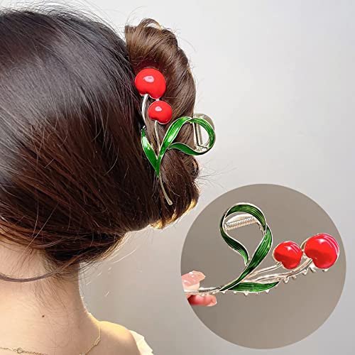 Cherry Hair Clip With Green Leaves Design, Large Mental Hair Claw Clips Strong Hold Hair Jaw Clips Styling Hair Clips Nonslip Hair Clamps Gold Hair Clamps Cute Hair Accessories For Women And Girls #TOP3