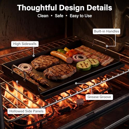BLUES GRILL PARTS 25\" x 16\" Cast Iron Flat Top Griddle - 23lb Heavy Duty - Oil Coating Non-Toxic - High Sidewalls Universal Grill Insert Fits Gas/Charcoal/Electric Grills for Weber Charbroil Nexgrill