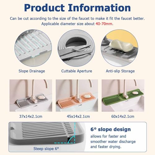 Tapis de protection anti-éclaboussures pour robinet de cuisine – Plateau d'égouttement à séchage rapide pour protection d'évier – Durable, gris, 45 x 14 x 2,1 cm