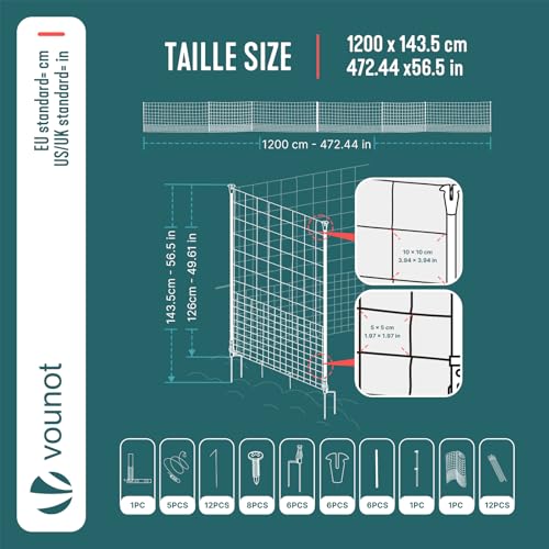 VOUNOT® Hühnerzaun & Hundezaun, 12m Mobiler Zaun mit Tür und Doppelspitze, universeller Begrenzungszaun ohne Strom, Robuster PE Gartenzaun Steckzaun, Kleintiernetz für Garten, Haus & Hof