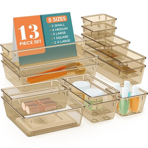 Image of 13 PCS Drawer Organizer Set, 5 Size Bathroom and kitchen organizer Trays | Bathroom and kitchen Drawer cabinet organizer Trays, Clear Storage Bins for Makeup, Jewelry, Utensils and Gadgets