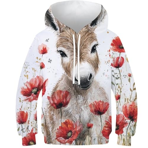 Sweat à capuche enfant âne 3D et coquelicots avec poche pour garçon fille 12-14 ans