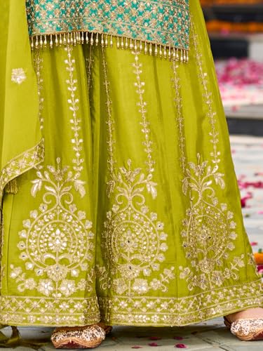 Image of INDO ERA Women's Silk Blend Embroidered Straight Kurta & Palazzo with Dupatta Set (IEOUT10598)