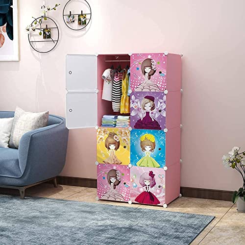 Image of KRISHYAM Portable Collapsible Plastic Wardrobe Closets 8 Storage Cube Closets with 1 Hanging Rod & 8 Doors,Multipurpose Kids Wardrobe for Baby Clothes /Book /Towels /Toy /Shoes (Barbie Print)