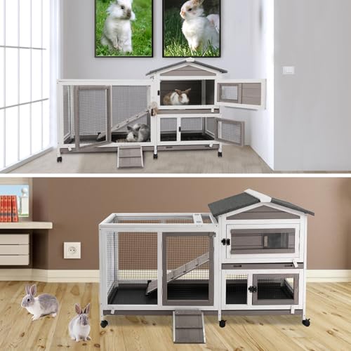 Petscosset Rabbit Hutch Indoor And Outdoor 2-Story Rabbit Cage With Pull Out Tray,Fir Wood Pet House With Wooden Ramp,Waterproof Bunny Cage Indoor With 2 Asphalt Roofs,Grey thumb #6