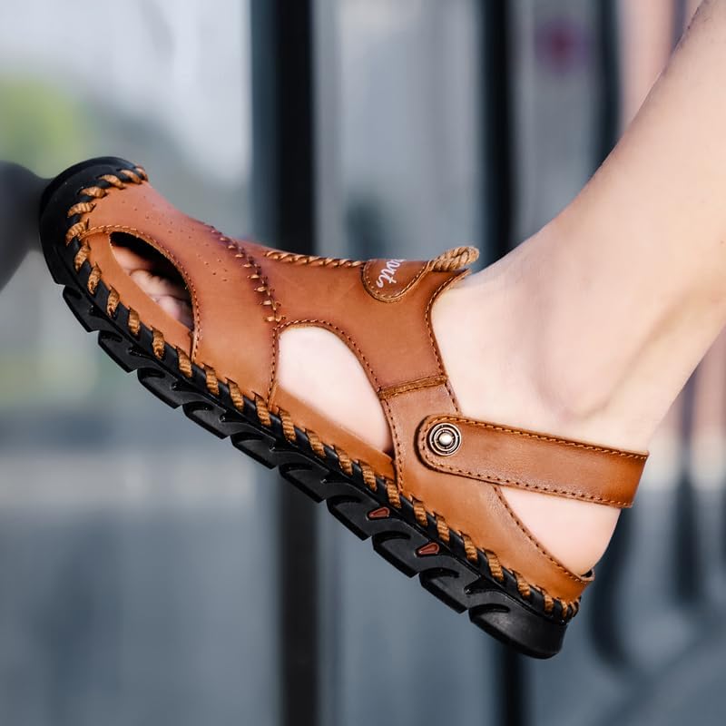 Men's Leather Closed Toe Sandals, Outdoor Sport Fisherman Sandals, Adjustable Strap, Brown