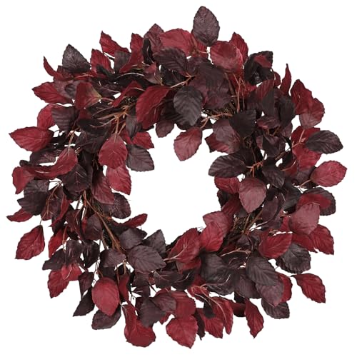 Briful 20 Autumn Wreath Artificial Fagus Leaves Door Wreath - 51CM Artificial Wreaths Burgundy Silk Fagus Sylvatica Autumn Leaf Wreaths - Rustic Thanksgiving & Halloween Decoration